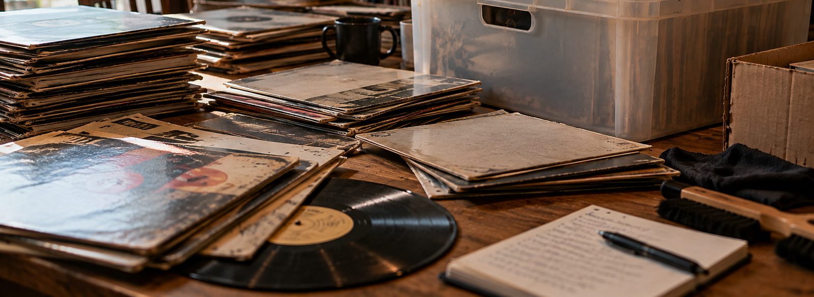 Una colección de discos de vinilo extendida sobre una mesa de madera para su revisión, con un cuaderno de notas y un cepillo.